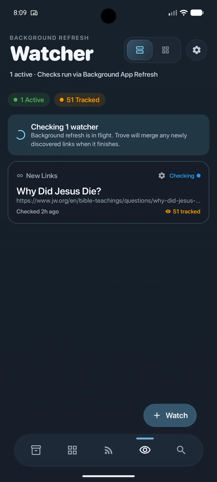 Trove Android watcher screen